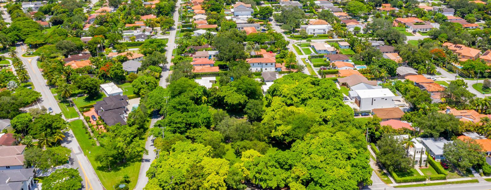 Aerial view of tree-lined streets and homes in Schenley Park, Miami FL 33155